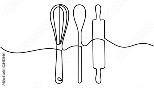 Whisk and rolling pin kitchen utensils  continuous one line drawing. Hand drawn linear cooking icon