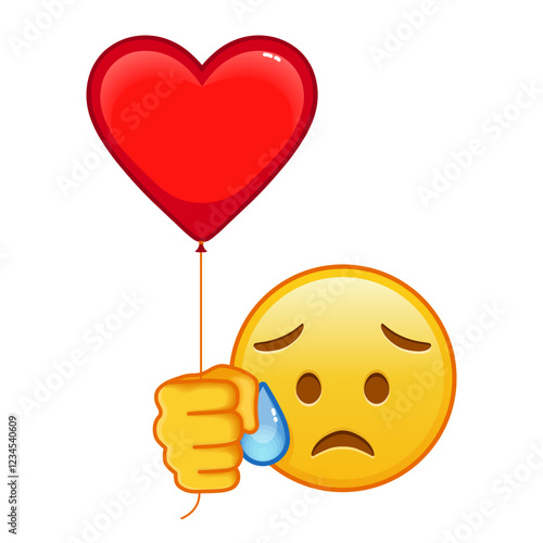 Face with an expression of disappointment and relief with red heart baloon Large size of yellow emoji smile