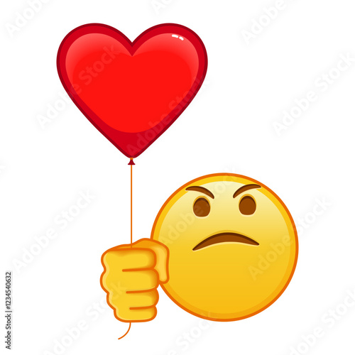 Face with an expression of displeasure with red heart baloon Large size of yellow emoji smile