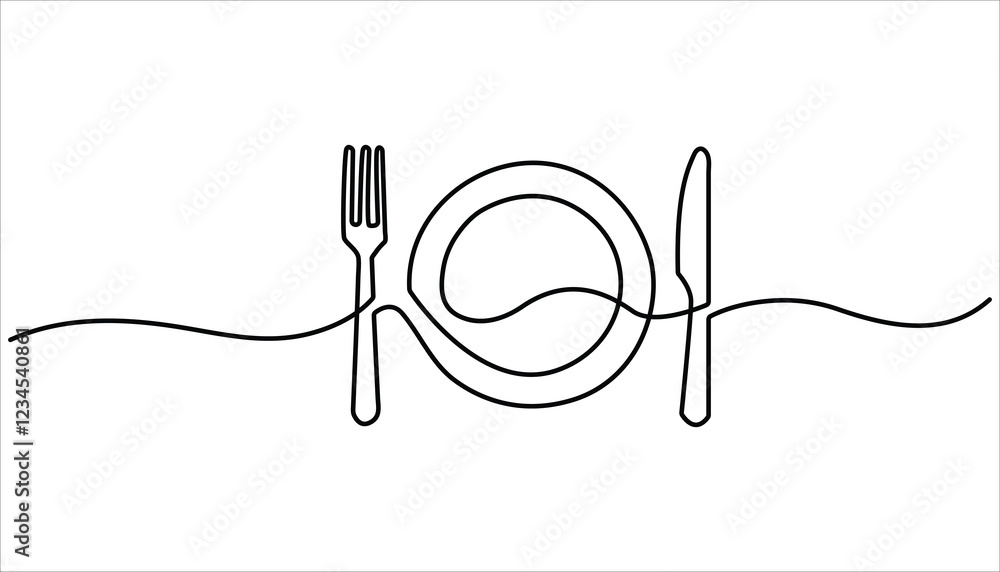 Obraz premium Tableware Continuous one line drawing. illustration of empty plate and cutlery