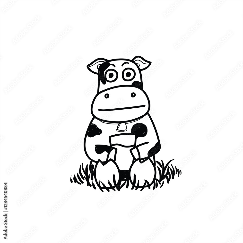 Fototapeta premium cute mascot illustration of a cow holding milk, cartoon, black and white, good for your visual elements, milk advertising, vector format