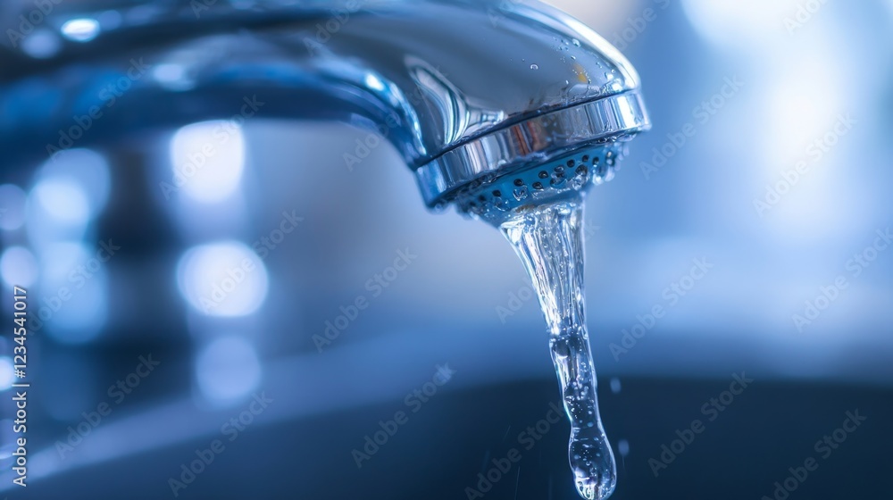 Close-Up of Water Droplet Falling from Faucet in Soft Lighting Close-Up of Water Droplet Falling from Faucet in Soft Lighting