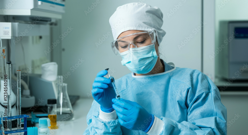 A woman in a lab coat is wearing a mask and gloves while holding a syringe A woman in a lab coat is wearing a mask and gloves while holding a syringe