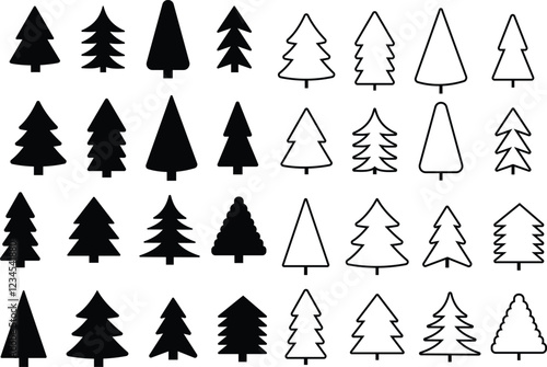 set of Drawing Christmas tree icon, mistletoe, holly berry leave. Modern continuous flat, aesthetic contour. symbol for greeting card, prints, poster, sticker, banner, invites