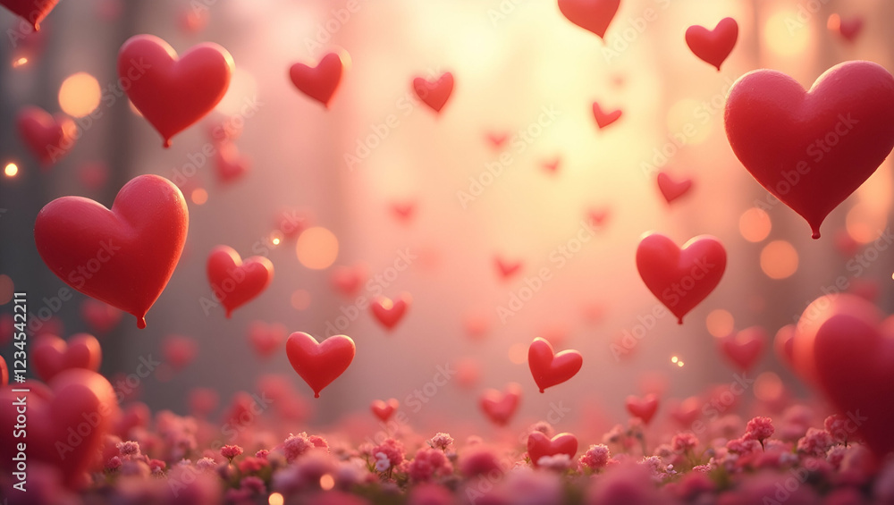 Valentine's Day Scene with Floating Red and Pink Hearts on Soft Pink Background
Valentine's Day Scene with Floating Red and Pink Hearts on Soft Pink Background
