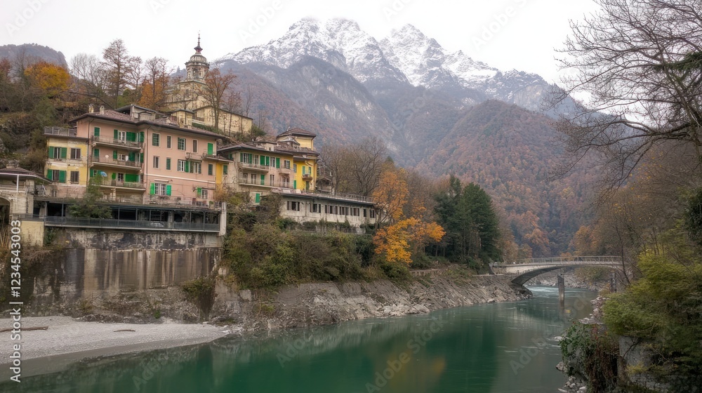 Fototapeta premium Alpine village autumn river bridge mountains