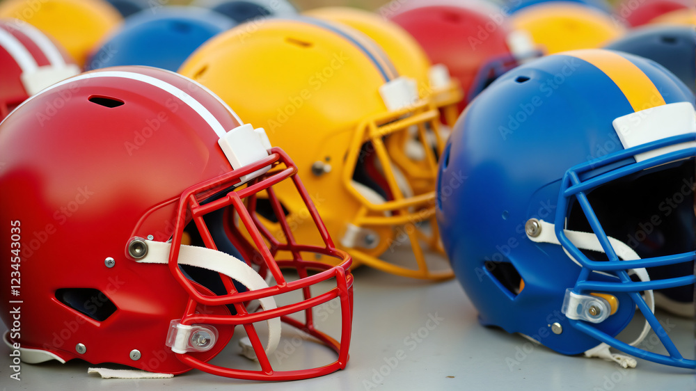 Fototapeta premium Vibrant Football Helmets Ready for Game Day