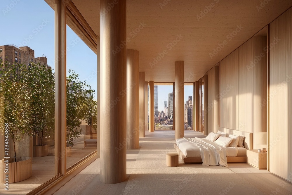 Obraz premium Modern Minimalist Bedroom City View Design