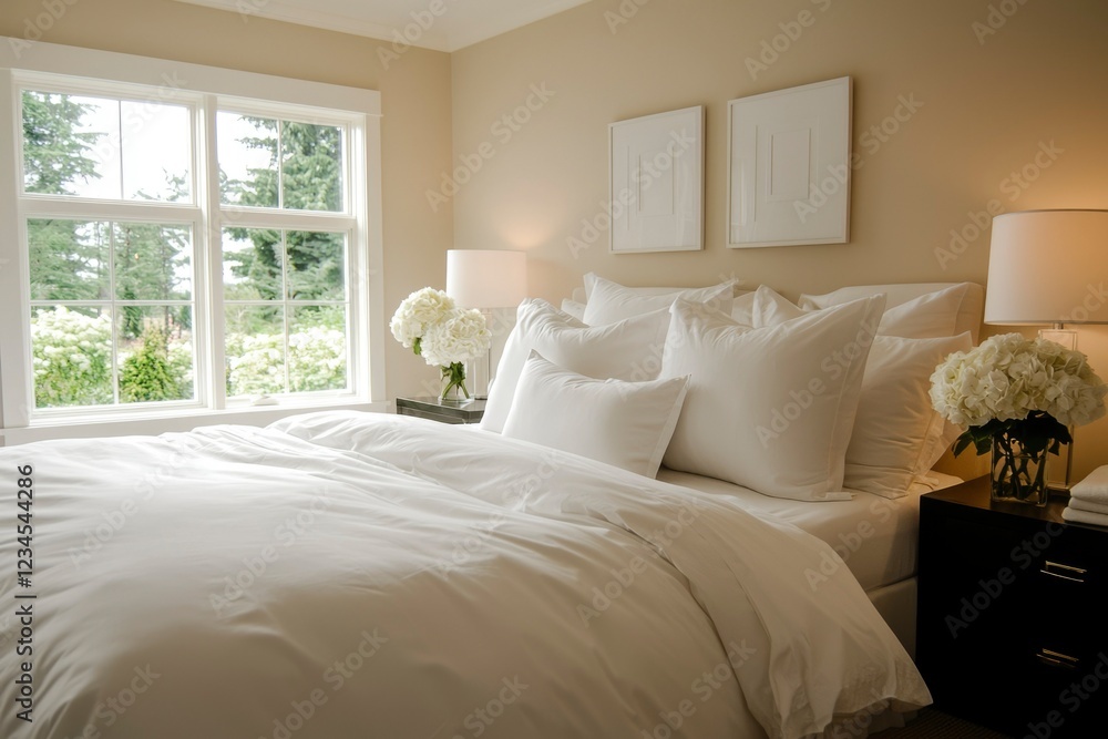 Luxurious Bedroom Featuring Crisp White Bedding and Natural Light Luxurious Bedroom Featuring Crisp White Bedding and Natural Light