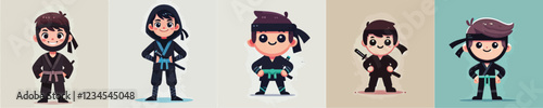 vector set of small children wearing ninja costumes