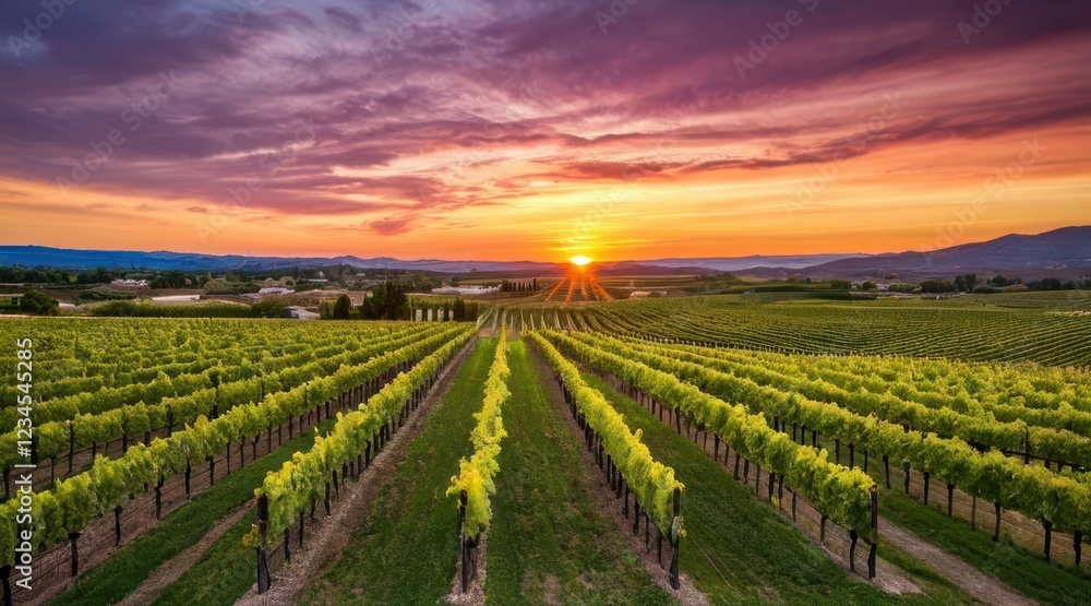 Sunset over Lush Green Vineyard Rows Sunset over Lush Green Vineyard Rows