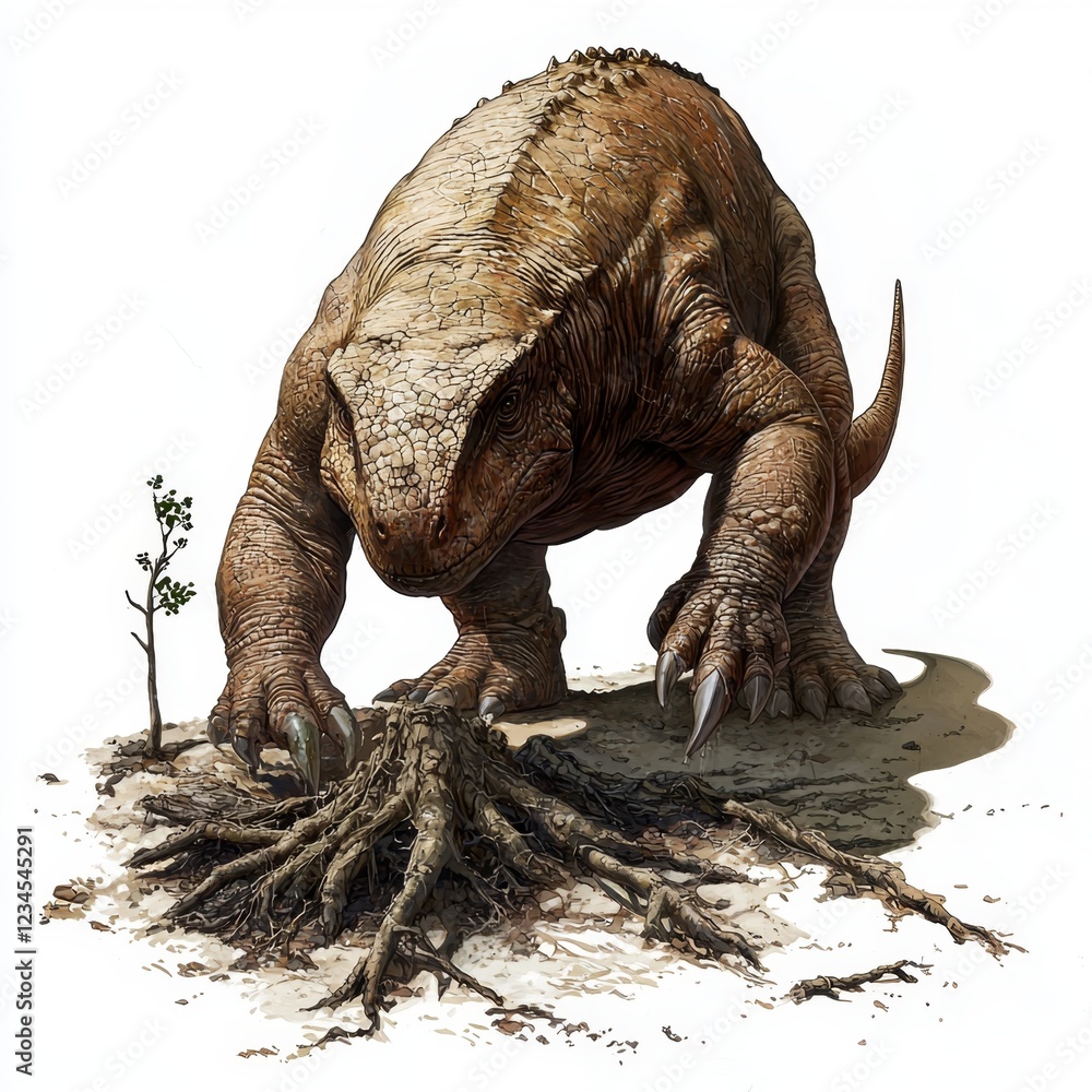 Fototapeta premium Massive prehistoric creature exploring a landscape with exposed roots and a small tree in a fantastical setting
