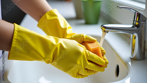 Wallpaper Mural A person wearing yellow rubber gloves washes a sponge under a kitchen faucet, emphasizing cleanliness and an organized environment Torontodigital.ca