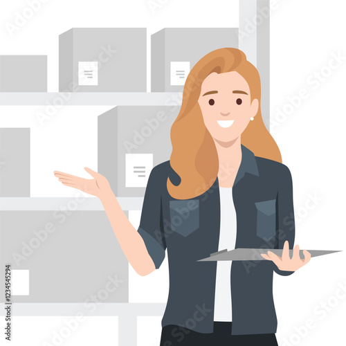 Organized Warehouse Supervisor. Woman with a clipboard, gesturing towards boxes on shelves. Flat vector illustration isolated on white background