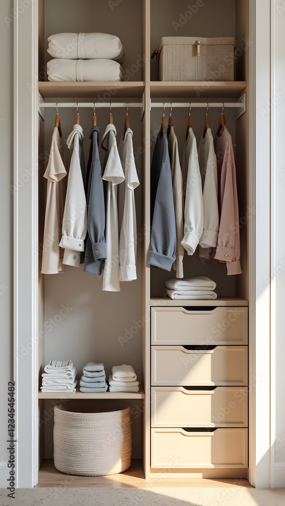 A neatly organized closet displays a range of clothing in soft colors with folded towels and storage baskets, creating a serene and minimalistic interior atmosphere A neatly organized closet displays a range of clothing in soft colors with folded towels and storage baskets, creating a serene and minimalistic interior atmosphere