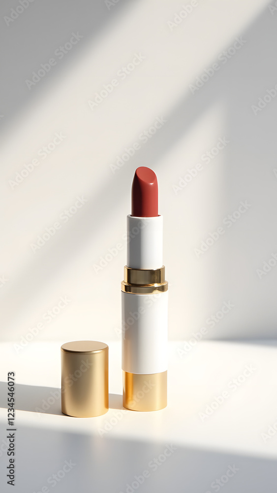 A modern lipstick stands elegantly on a clean surface, with soft shadows enhancing its curves and color, showcasing beauty and elegance in a minimalist style A modern lipstick stands elegantly on a clean surface, with soft shadows enhancing its curves and color, showcasing beauty and elegance in a minimalist style
