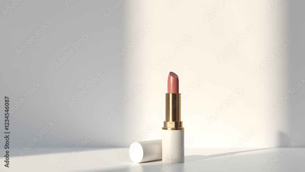 A lipstick in a sleek white case with a golden cap stands elegantly against a soft light background, showcasing its creamy nude shade A lipstick in a sleek white case with a golden cap stands elegantly against a soft light background, showcasing its creamy nude shade