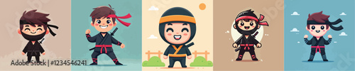 vector set of small children wearing ninja costumes