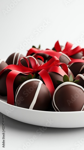 a plate of chocolatecovered strawberries with a red ribbon, Valentine s dessert treat, hyperrealistic 3D render, deep brown and red, isolated on white background photo