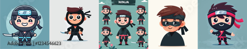 vector set of small children wearing ninja costumes