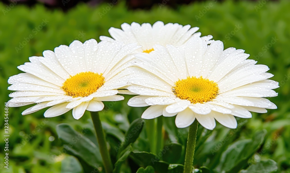 A close-up of beautiful white daisies with vibrant yellow centers, glistening with morning dew, showcasing nature's freshness. A close-up of beautiful white daisies with vibrant yellow centers, glistening with morning dew, showcasing nature's freshness.