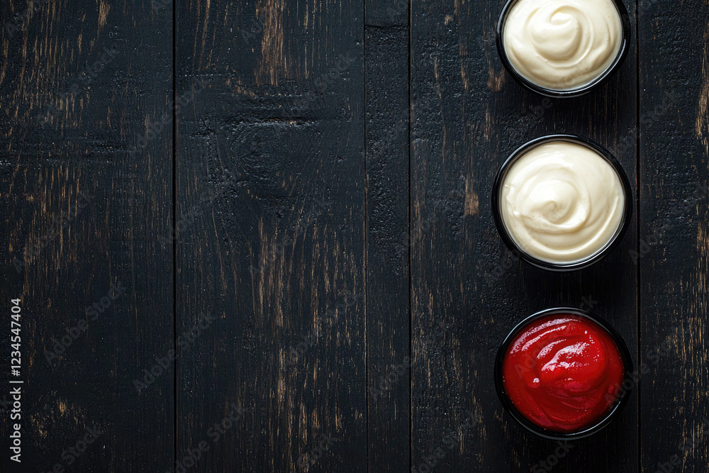 Fototapeta premium Ketchup and Mayonnaise in Rustic Bowls on a Wooden Table
