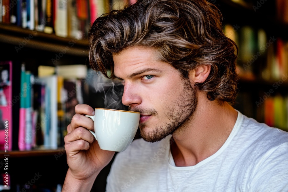 Young Man Enjoying Coffee in Cozy Library Setting with Books Young Man Enjoying Coffee in Cozy Library Setting with Books