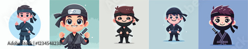 vector set of small children wearing ninja costumes