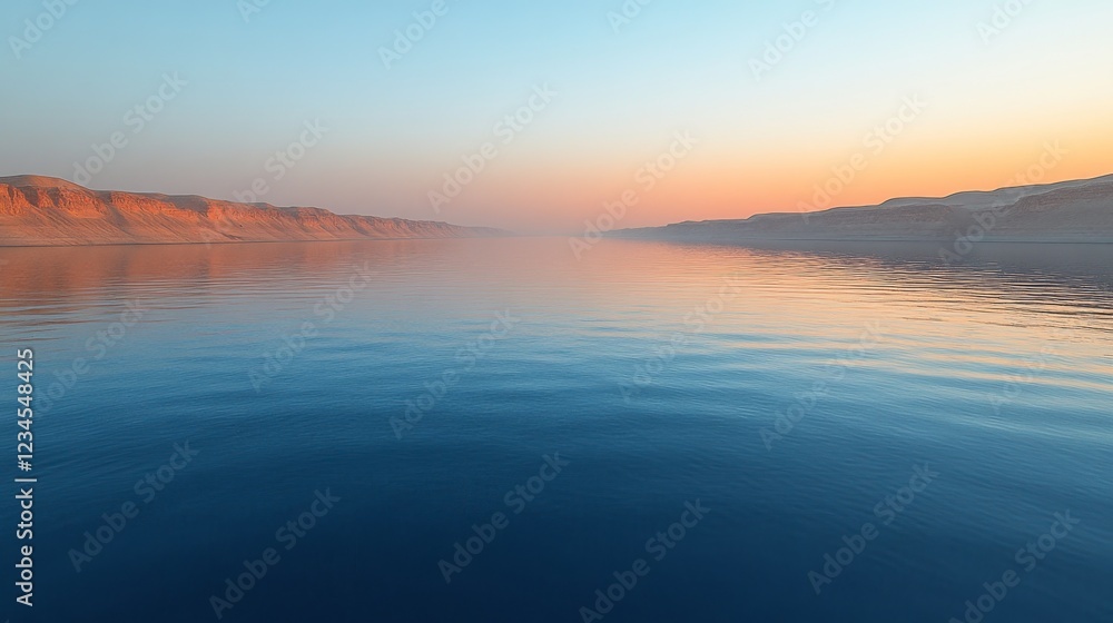 Serene sunset over calm water reflecting canyon walls. Serene sunset over calm water reflecting canyon walls.
