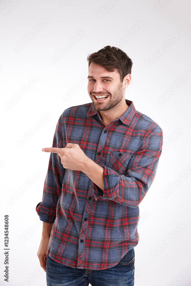 Happy man, portrait and pointing with space for advertising, presentation or notification on a white studio background. Face, male person or handsome model with smile or finger gesture for marketing Happy man, portrait and pointing with space for advertising, presentation or notification on a white studio background. Face, male person or handsome model with smile or finger gesture for marketing