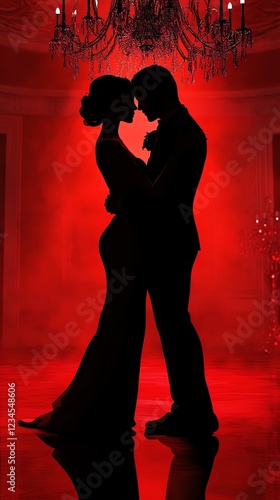 Elegant Valentine s ballroom dance scene, grand chandelier, 3D illustration photo