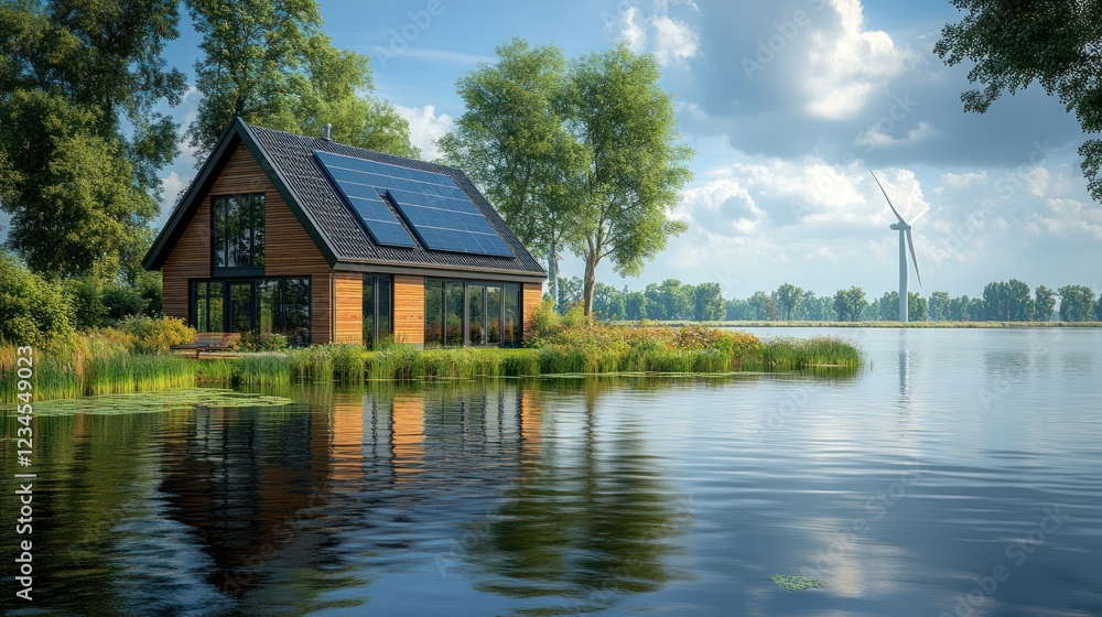 Lakeside eco-house with solar panels, wind turbine background Lakeside eco-house with solar panels, wind turbine background
