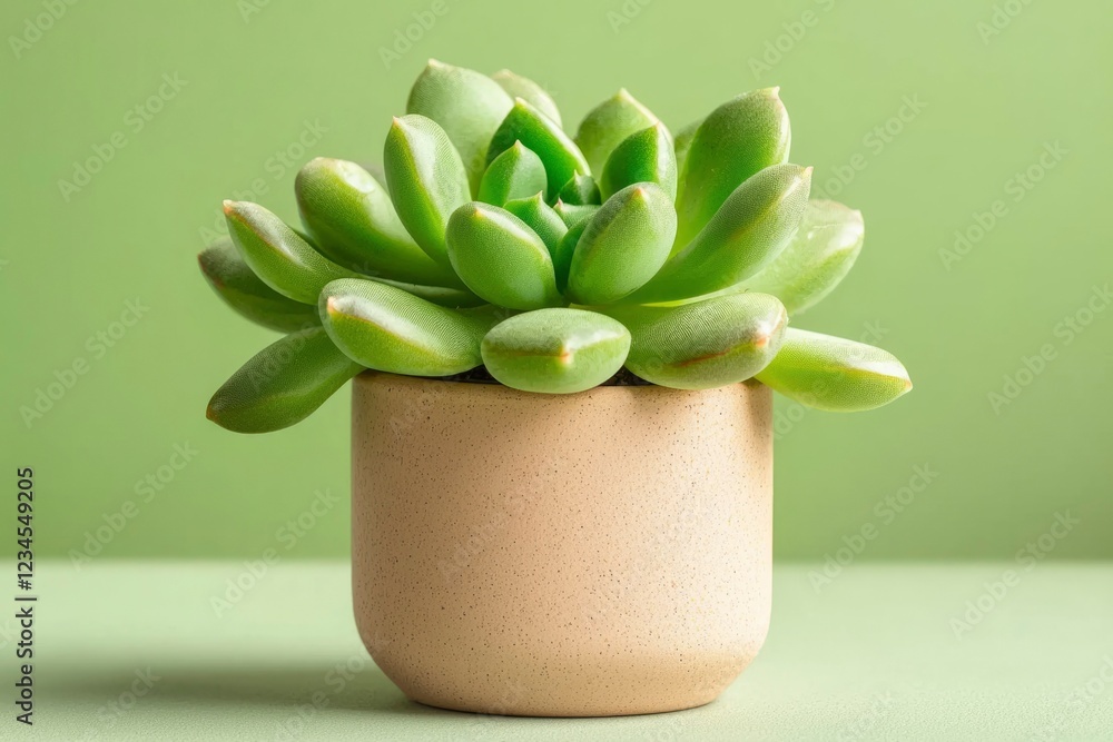 Green succulent plant in a beige pot on green background Green succulent plant in a beige pot on green background