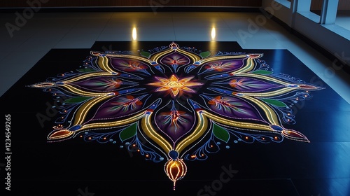 Dark-Themed Kolam with Illuminated Floral Design photo