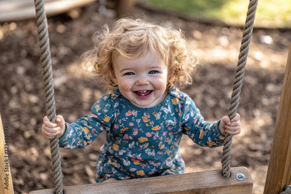 Happy child laughing and playing on a wooden swing in the park Happy child laughing and playing on a wooden swing in the park