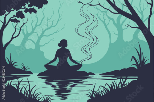 Dark silhouette, meditating figure, cross-legged pose, mystic turquoise smoke, ethereal atmosphere, shadowy waters, reflection, surreal landscape, spiritual journey, introspection, mysterious ambia