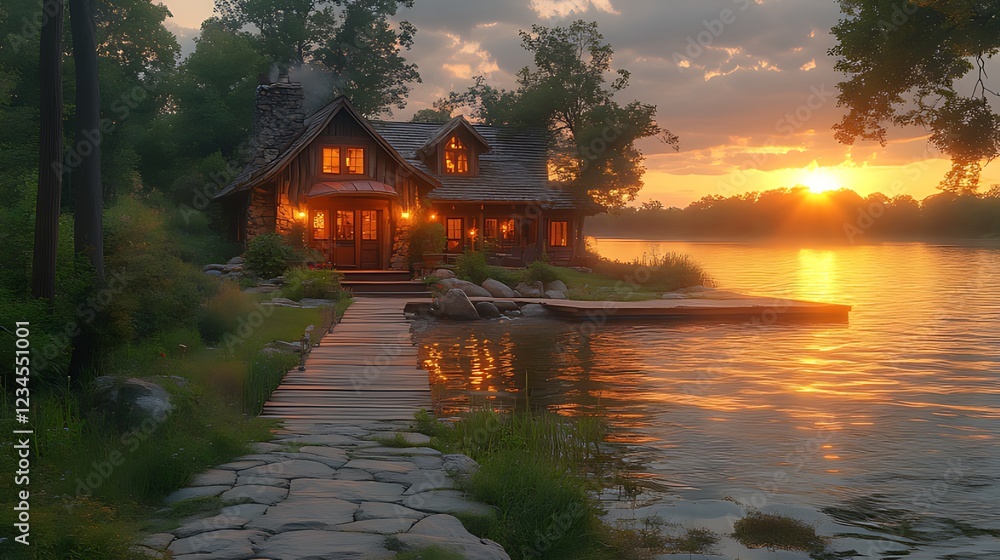 Fototapeta premium Lakeside log cabin at sunset, illuminated windows, stone path to dock.