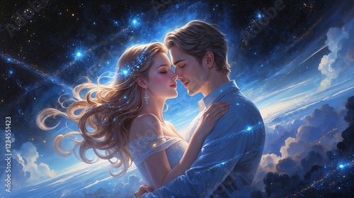 A romantic couple dancing together with ethereal beauty shimmering celestial backgrounds photo