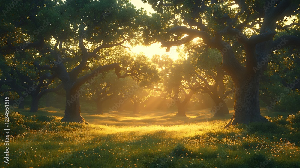 Sunbeams illuminate a tranquil forest clearing at sunrise, casting a golden glow on the grass and trees. Sunbeams illuminate a tranquil forest clearing at sunrise, casting a golden glow on the grass and trees.
