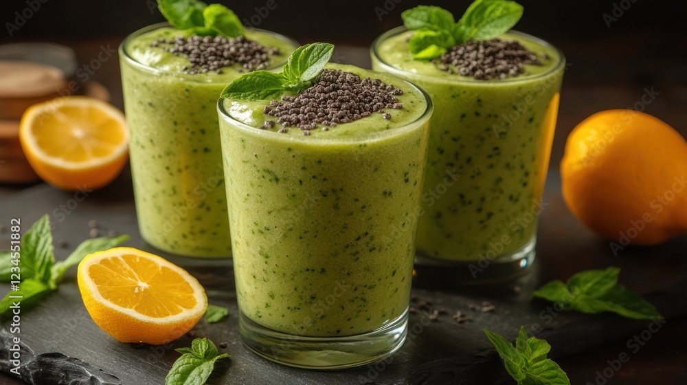 Green smoothie trio on dark slate, lemon slices, and mint garnish Green smoothie trio on dark slate, lemon slices, and mint garnish