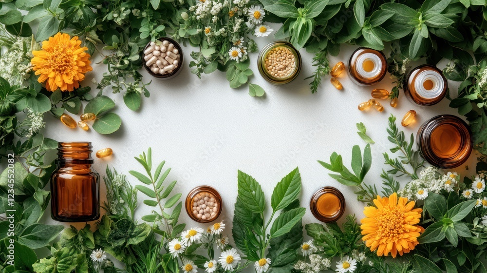 Herbal supplements, capsules, and pills arranged in a frame on a white background with fresh leaves and flowers Herbal supplements, capsules, and pills arranged in a frame on a white background with fresh leaves and flowers
