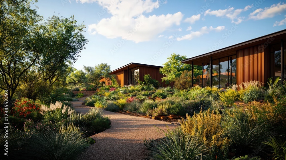 Lush Garden Landscape Featuring Modern Architecture and Vibrant Flower Pathways Lush Garden Landscape Featuring Modern Architecture and Vibrant Flower Pathways