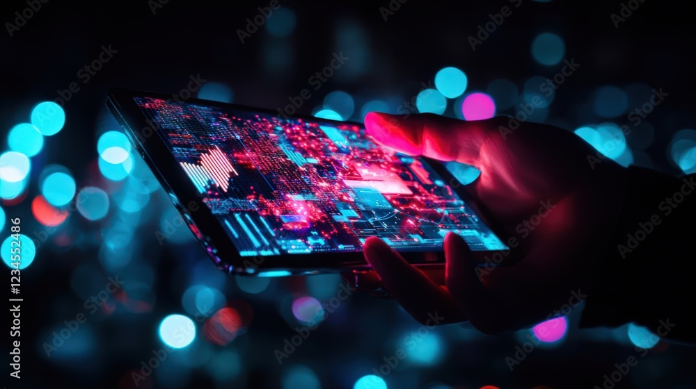 Obraz premium Hand Holding Smartphone Displaying Colorful Digital Data Interface Against Dark Background