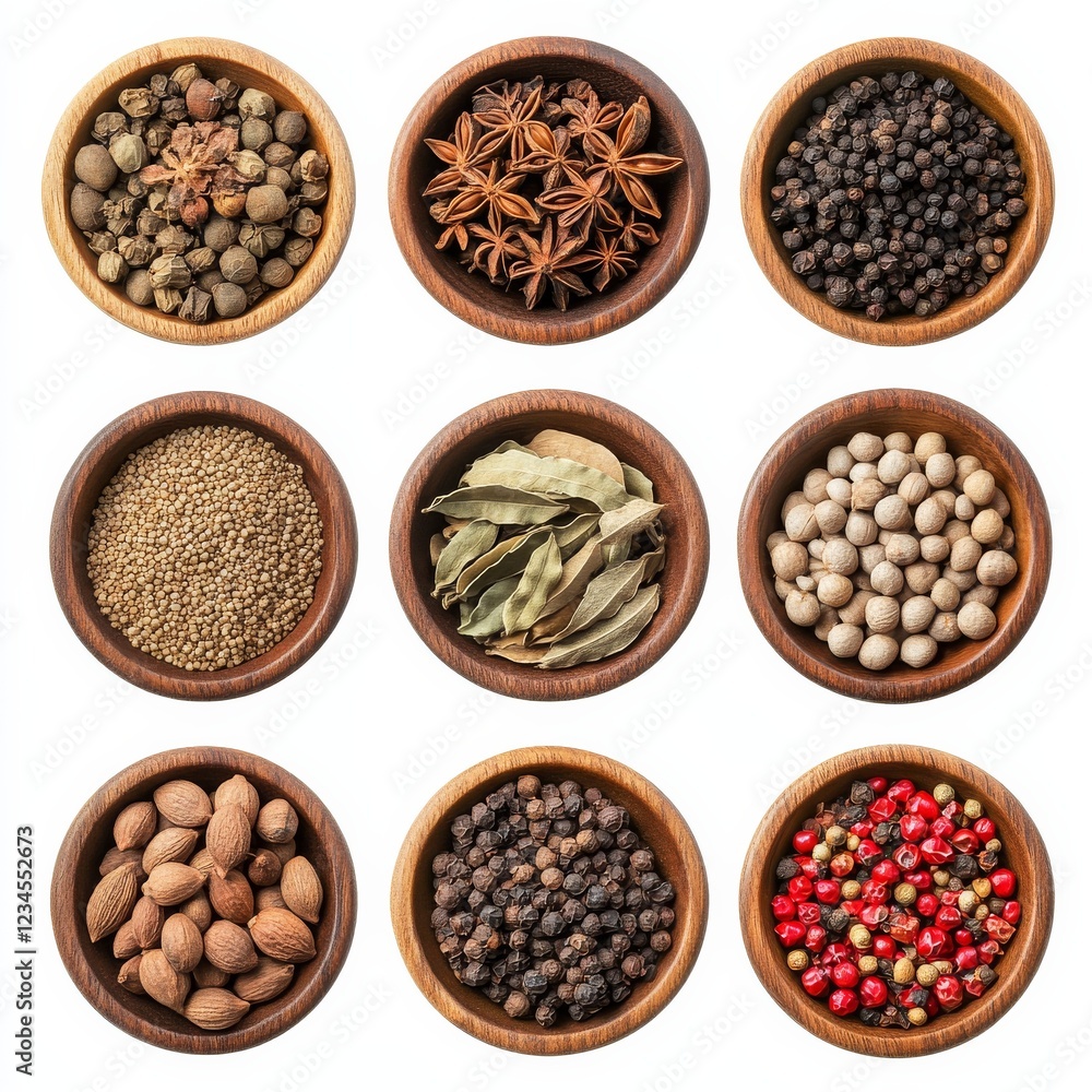 A variety of aromatic spices in rustic wooden bowls, isolated white background, minimalist art style A variety of aromatic spices in rustic wooden bowls, isolated white background, minimalist art style