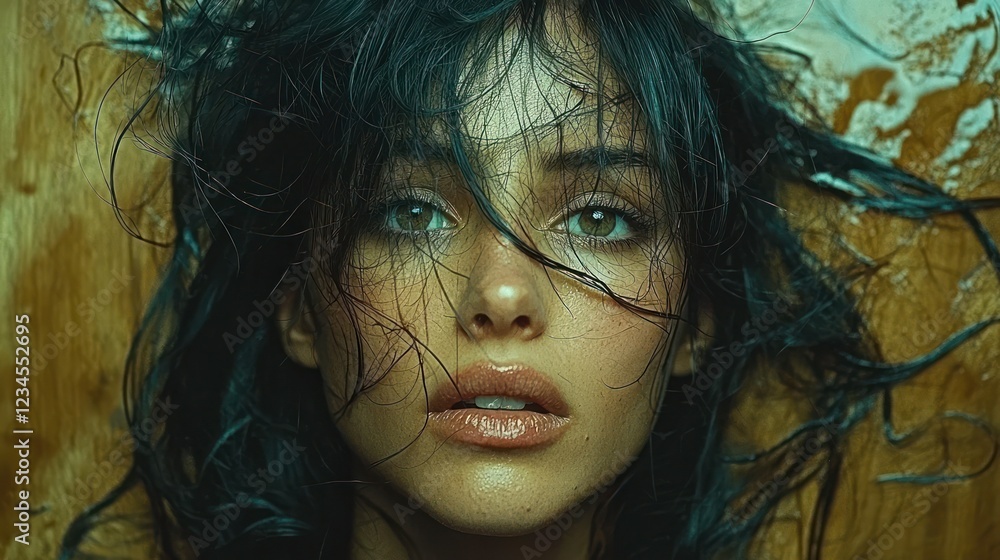 Woman with messy hair on wooden floor, peeling paint backdrop Woman with messy hair on wooden floor, peeling paint backdrop