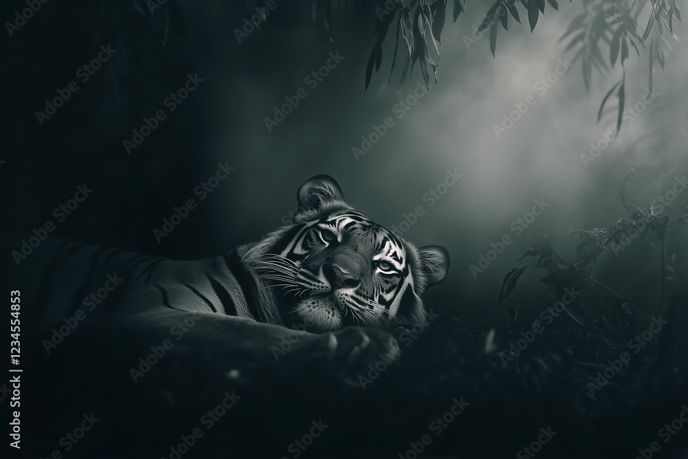 Close-up portrait of lazy tiger lying down in foggy jungle environment. Black and white image.