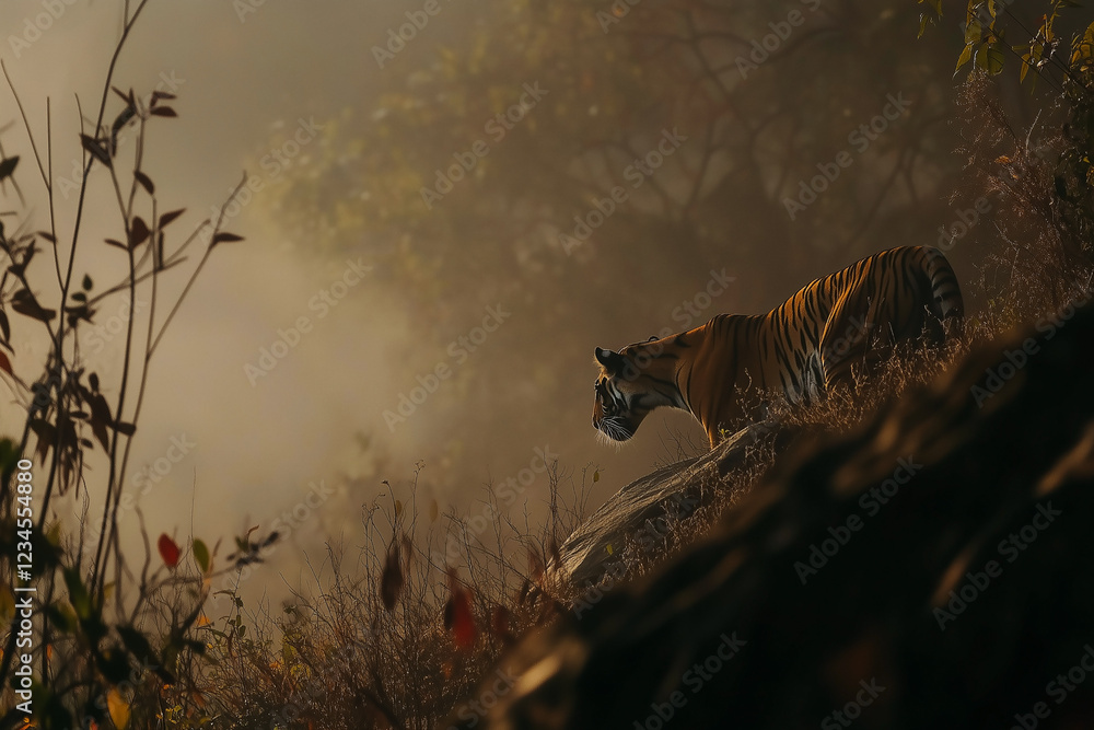 Tiger standing on rocky slope in foggy natural environment.