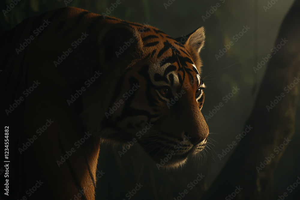 Close-up portrait of tiger in foggy jungle environment.