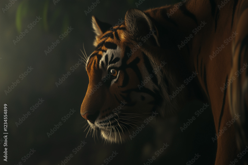 Close-up portrait of tiger in foggy jungle environment.