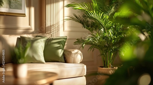Elegant Living Room with Cozy Sofa and Lush Greenery Bathed in Soft Natural Light